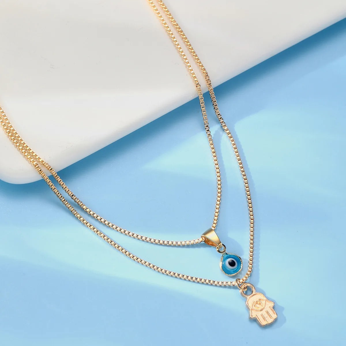 Double Layer Palm Evil Eyes Pendant Necklace