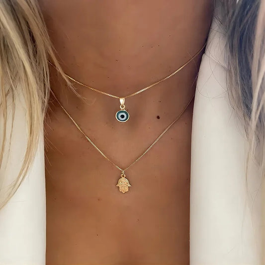Double Layer Palm Evil Eyes Pendant Necklace
